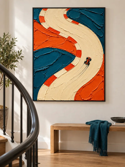 Hand-Painted F1 Racing Car Impasto Canvas Art In Orange And Teal