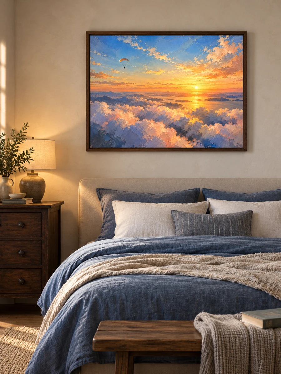 Impressionist Paragliding Canvas Painting Sunset Over Clouds Original Art