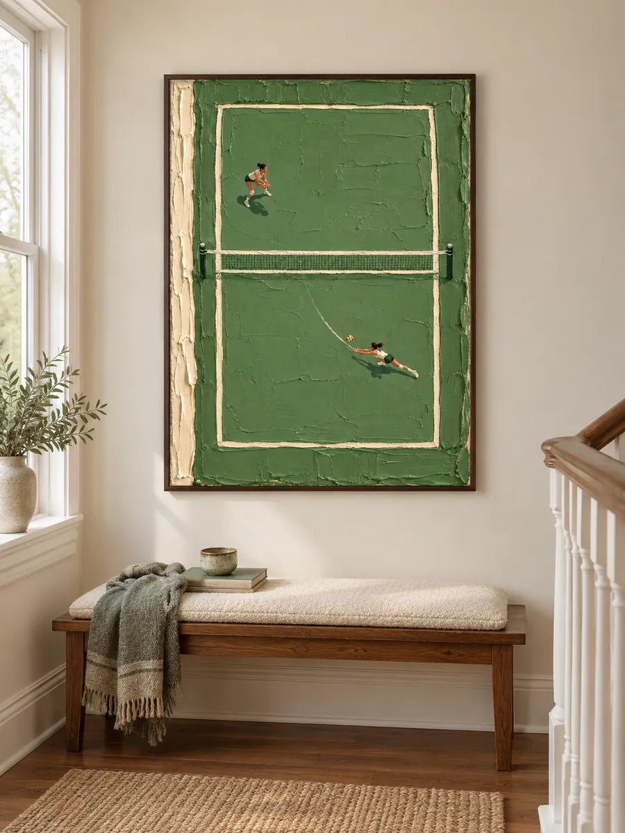 Hand-Painted Volleyball Court Art With Green Impasto Texture For Sports Fans