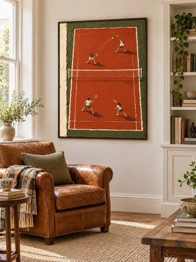Badminton Match On Clay Court Hand-Painted Canvas Art With Impasto Texture
