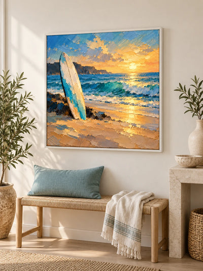 Surfboard At Sunset Impressionist Beach Canvas Painting