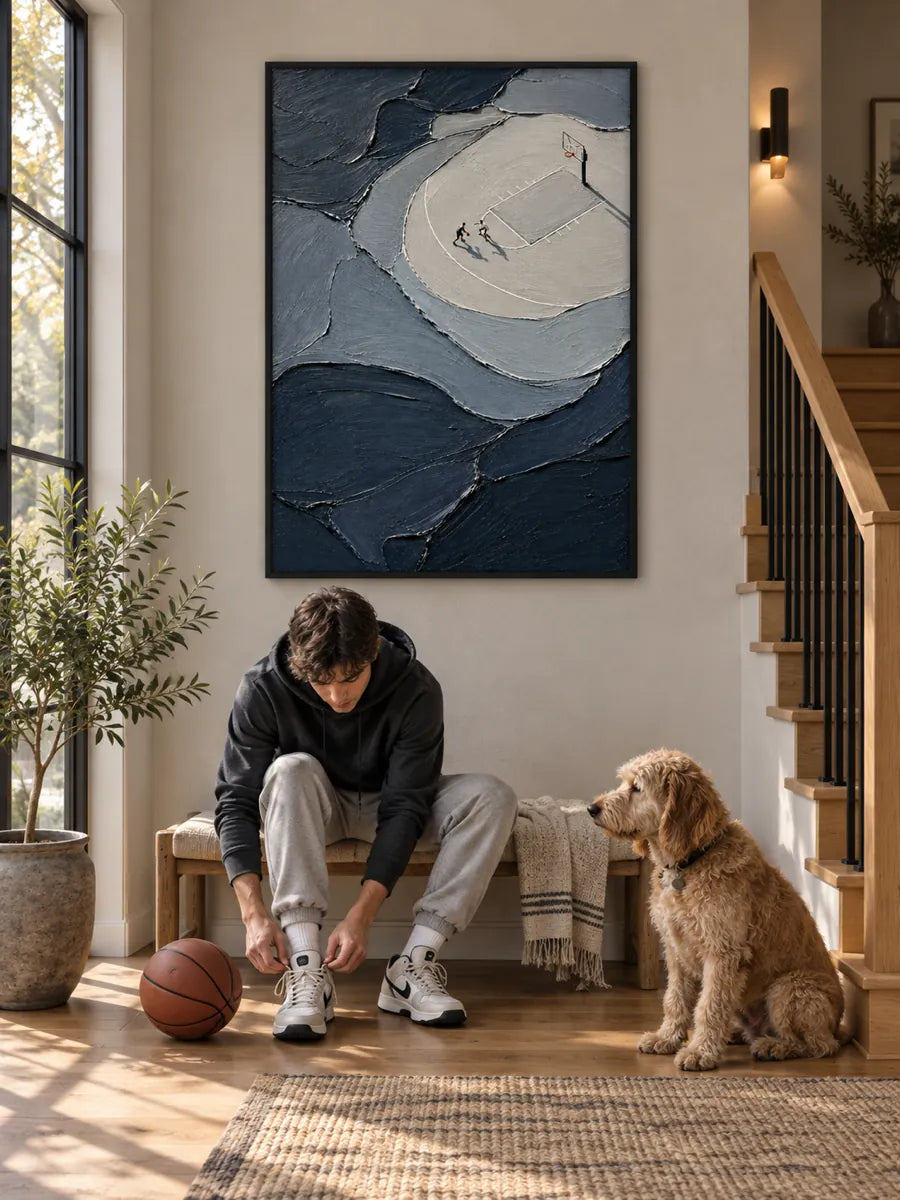 Abstract Basketball Court Painting With Tiny Figures In Grey