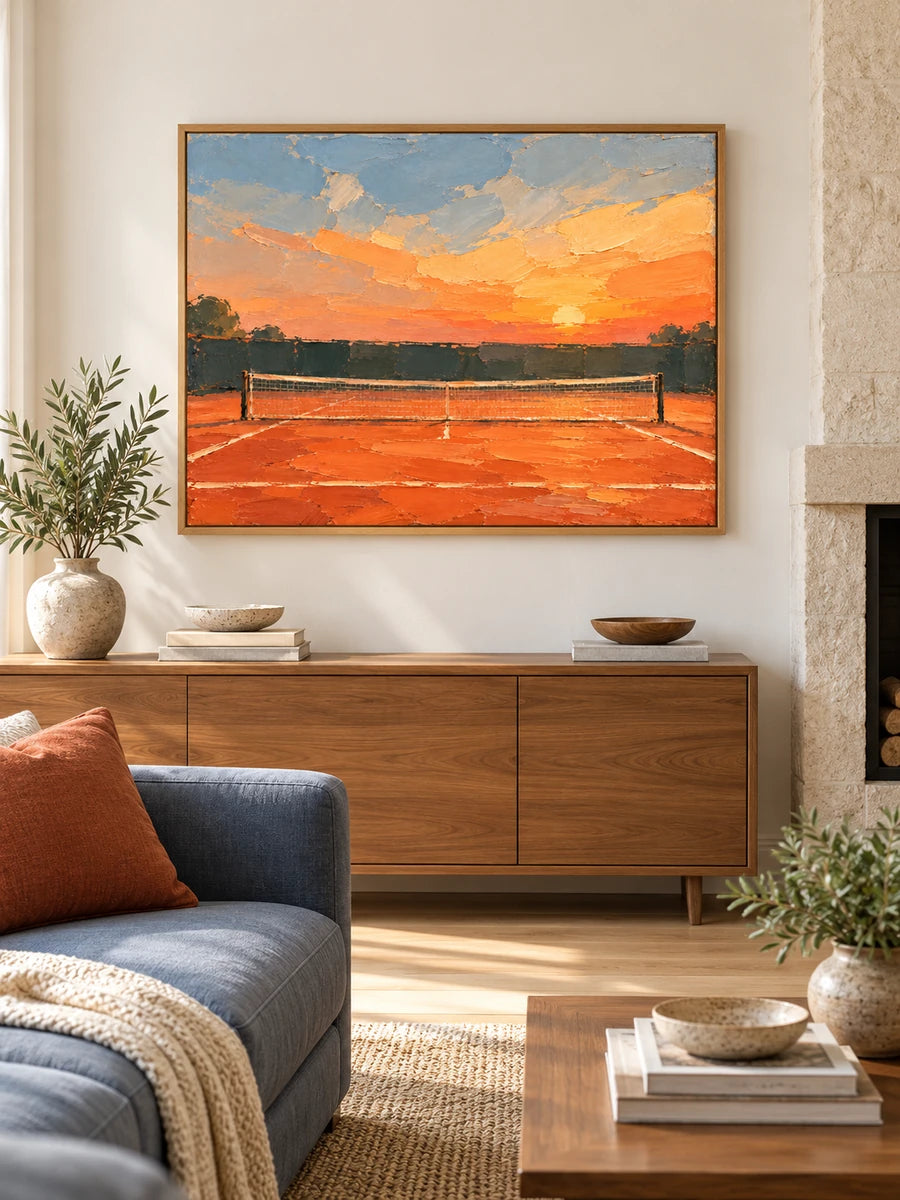 Impressionist Tennis Court Painting Hand-Painted Orange Clay Court Wall Art