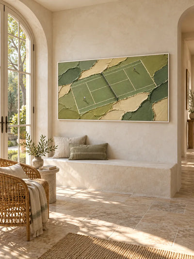 Tennis Match Canvas Painting With Miniature Figures In Green And Beige