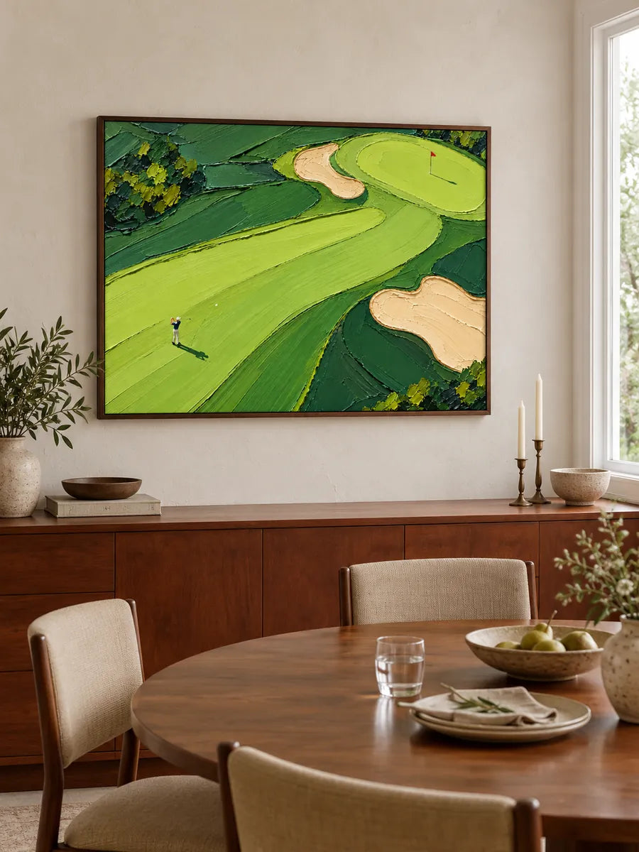 Hand-Painted Golf Course Landscape Canvas Art With Impasto Green Fairways