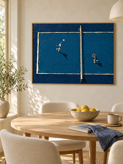 Hand-Painted Volleyball Art Impasto Blue Court Canvas Painting Original Sports Wall Decor