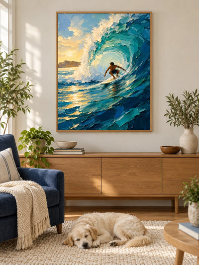 Surfer In Wave Canvas Painting Hand-Painted Impressionist Ocean Art With Gold Light