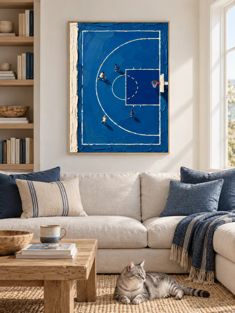 Hand-Painted Basketball Court Canvas Art With Heavy Impasto Texture In Blue And White