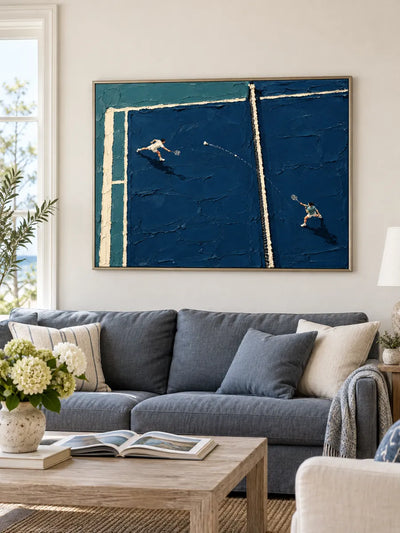 Badminton Impasto Painting Blue Court Hand-Painted Canvas Wall Art
