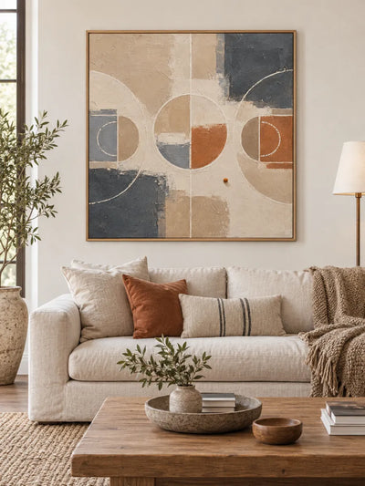 Abstract Basketball Court Geometric Canvas Painting In Beige And Orange
