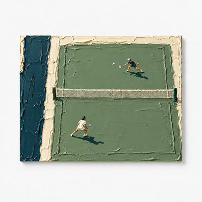 Hand-Painted Tennis Match Impasto Canvas Art In Green And White