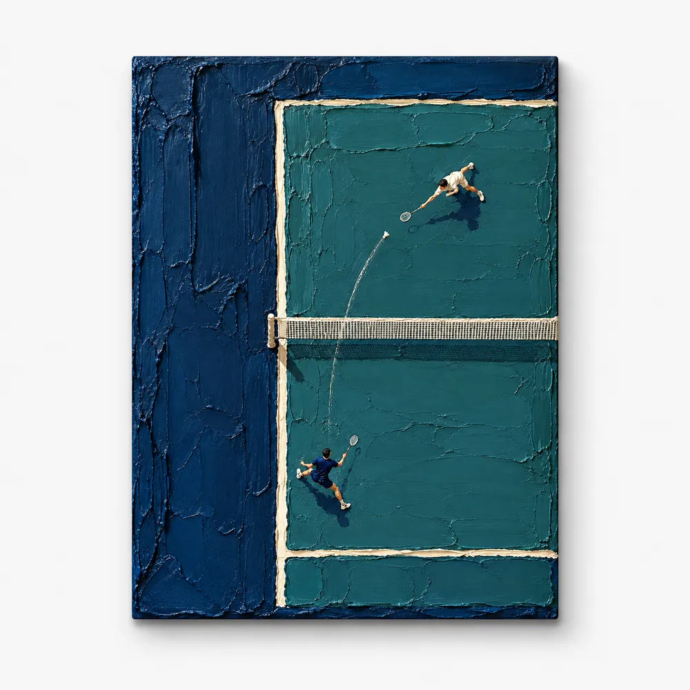 Badminton Impasto Canvas Painting With Blue Green Textured Motion For Sports Lovers