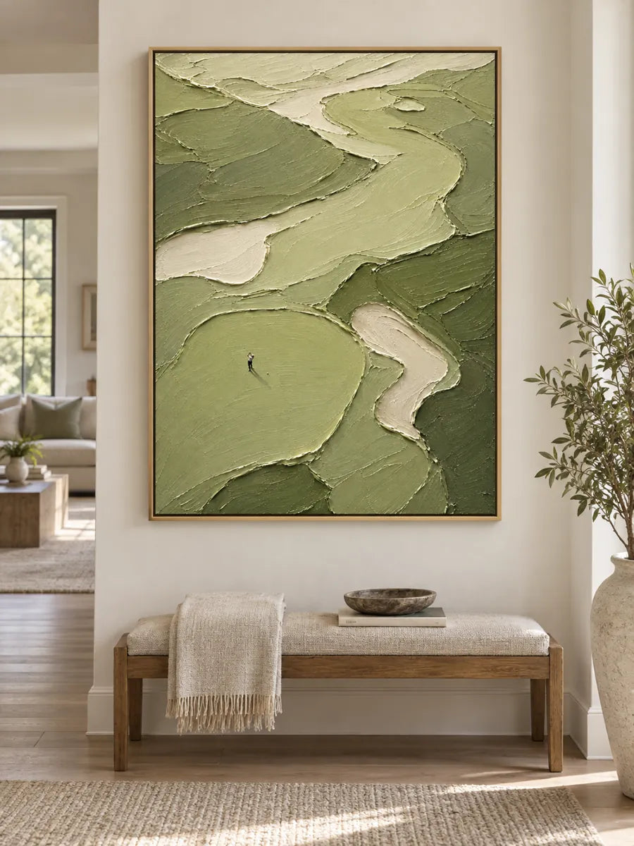 Hand-Painted Golf Course Canvas Art With Impasto Texture In Green And Beige