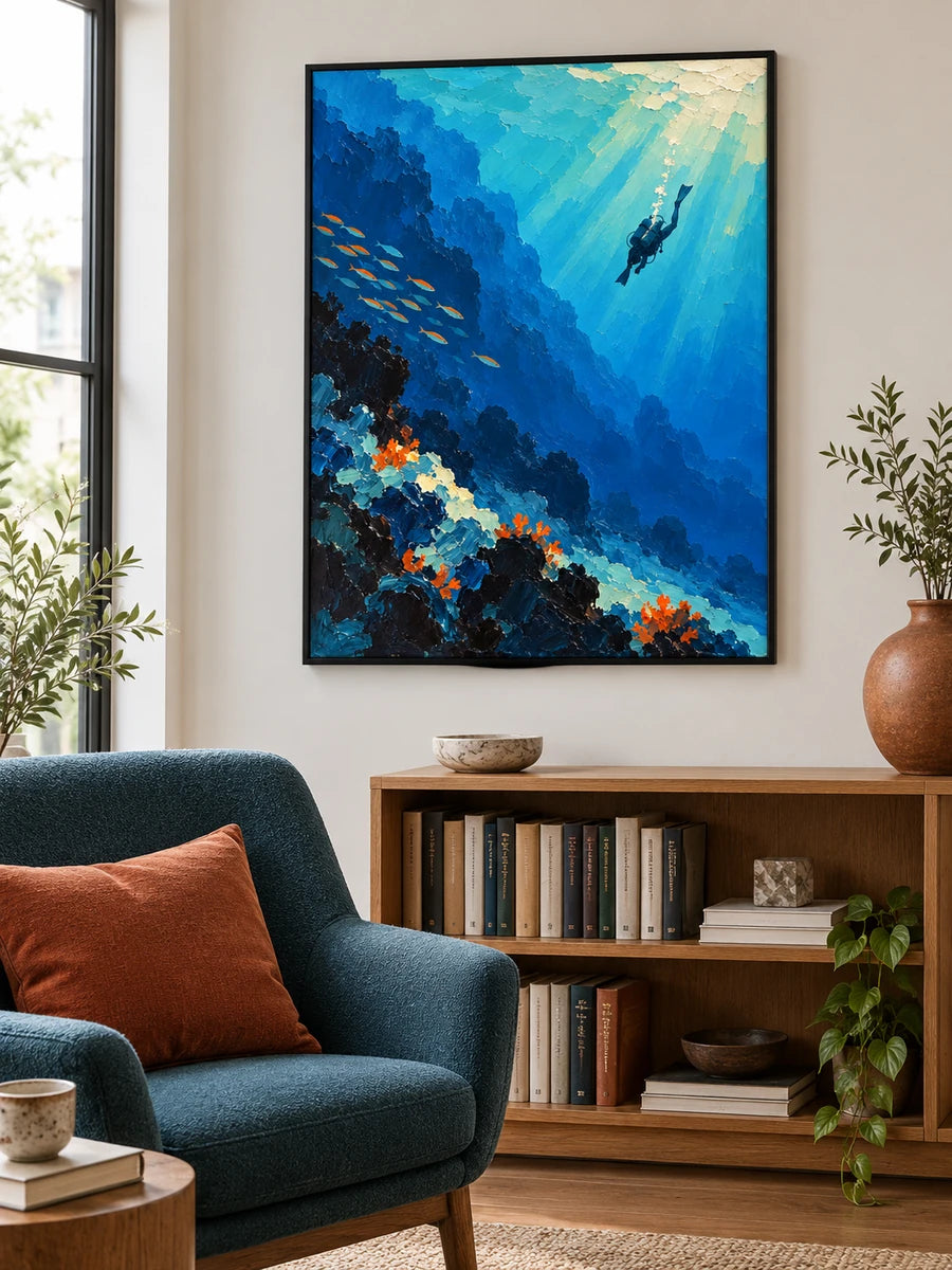 Hand-Painted Diver And Coral Reef Canvas Painting In Blue And Orange
