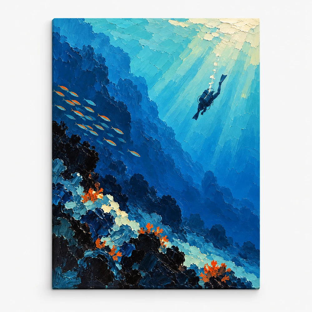 Hand-Painted Diver And Coral Reef Canvas Painting In Blue And Orange