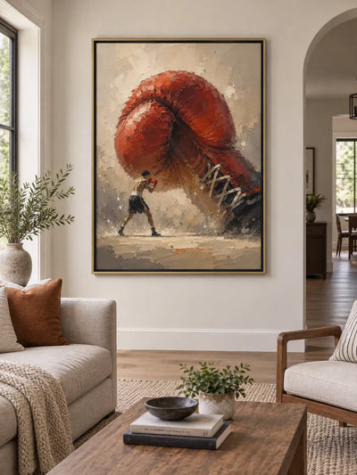 Surreal Boxing Art Canvas Painting With Giant Red Glove For Sports Fans