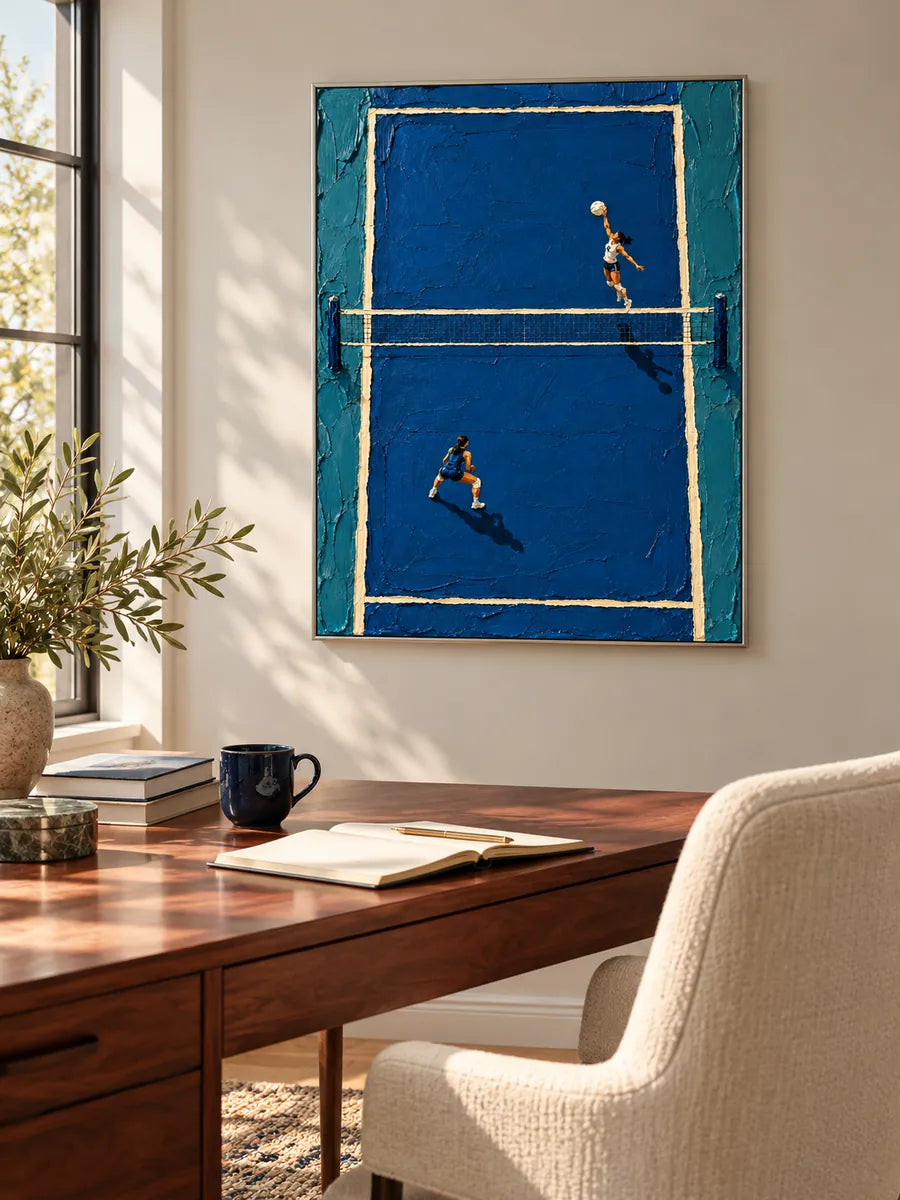 Hand-Painted Volleyball Art With Thick Impasto Blue Canvas Painting