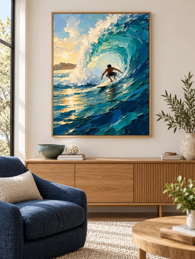 Surfer In Wave Canvas Painting Hand-Painted Impressionist Ocean Art With Gold Light