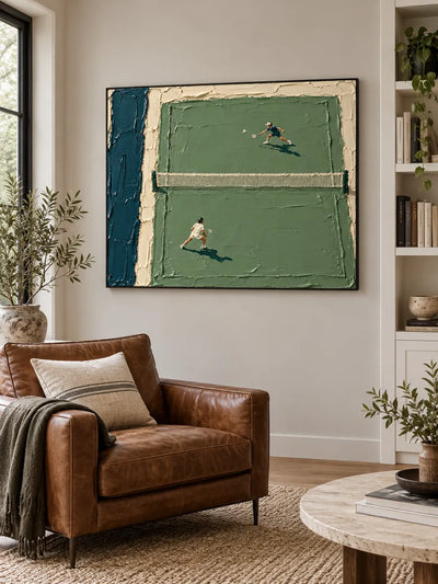 Hand-Painted Tennis Match Impasto Canvas Art In Green And White