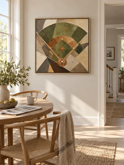 Abstract Baseball Diamond Canvas Painting In Earthy Green And Brown Tones For Modern Sports Decor
