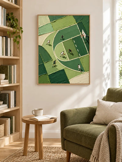 Hand-Painted Basketball Court Art With Impasto Texture Green Canvas Painting