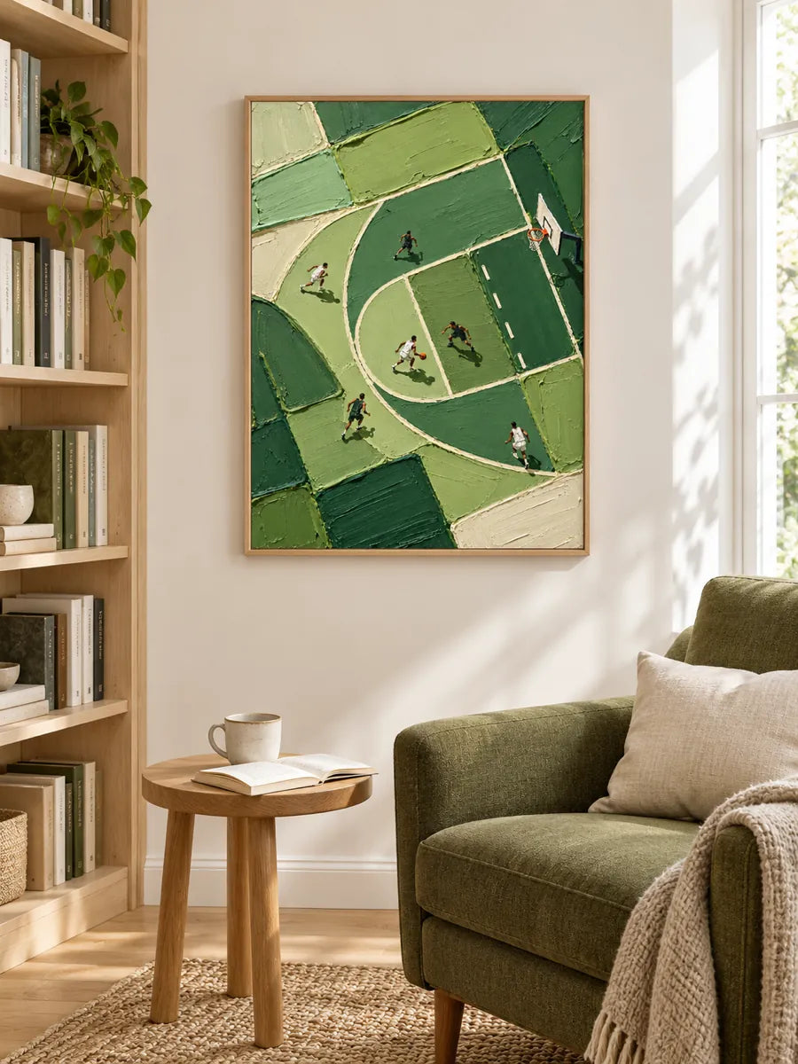 Hand-Painted Basketball Court Art With Impasto Texture Green Canvas Painting