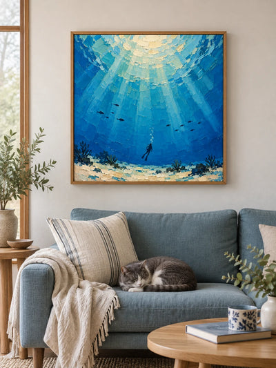 Hand-Painted Scuba Diver Canvas Art With Sunlit Ocean Waves