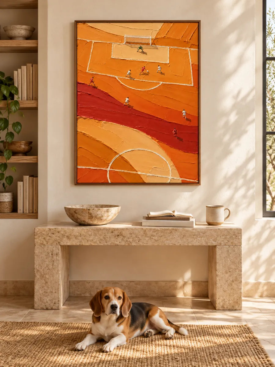 Hand-Painted Soccer Field Canvas Art With Thick Orange Impasto Texture