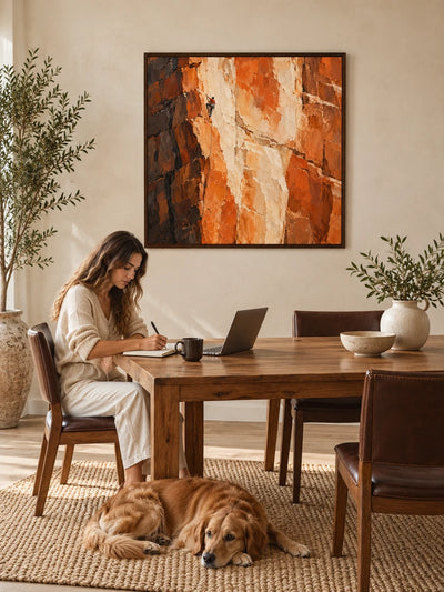 Impressionist Rock Climbing Canvas Painting With Orange Cliff