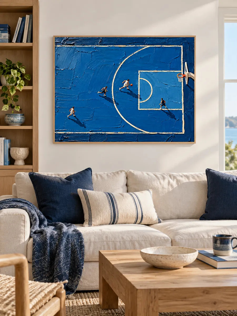 Hand-Painted Basketball Court Art With Impasto Texture And Blue Tones