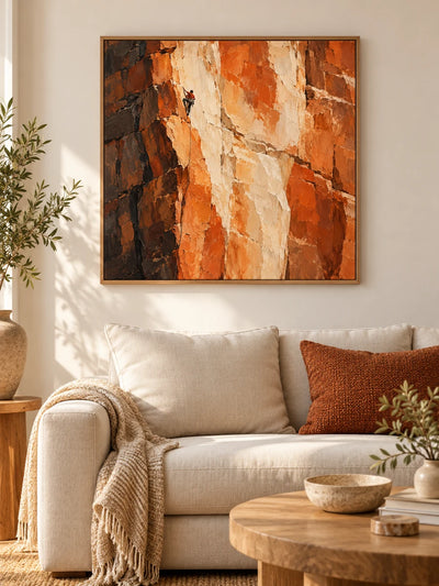 Impressionist Rock Climbing Canvas Painting With Orange Cliff
