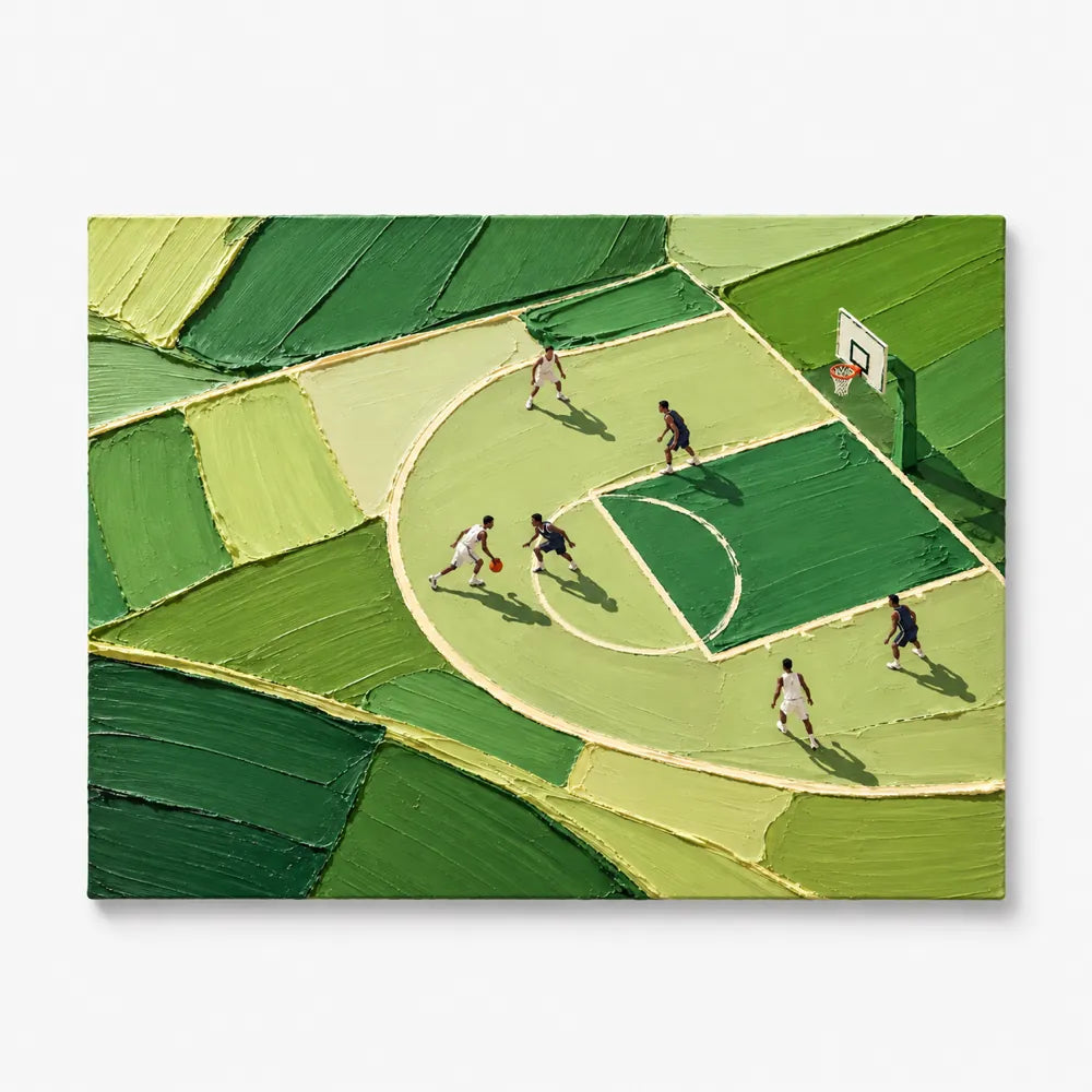 Hand-Painted Basketball Court Art With Green Impasto Texture For Sports Fans