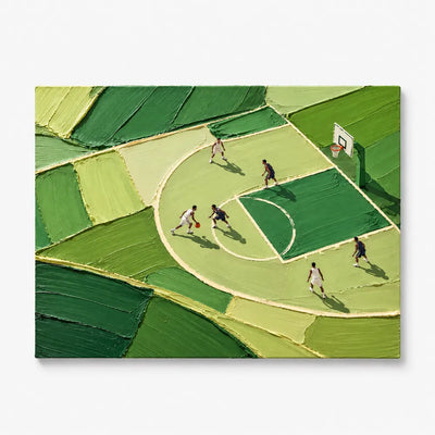 Hand-Painted Basketball Court Art With Green Impasto Texture For Sports Fans