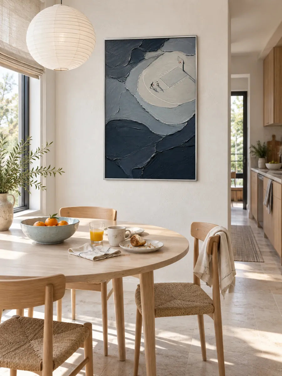 Abstract Basketball Court Painting With Tiny Figures In Grey