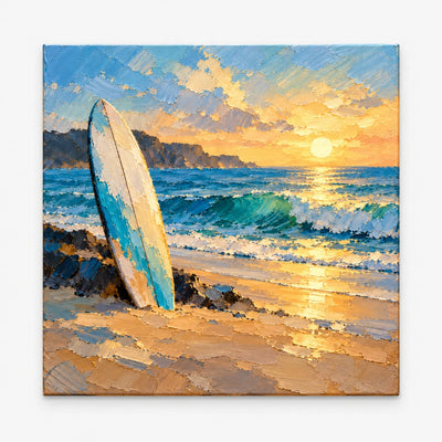Surfboard At Sunset Impressionist Beach Canvas Painting