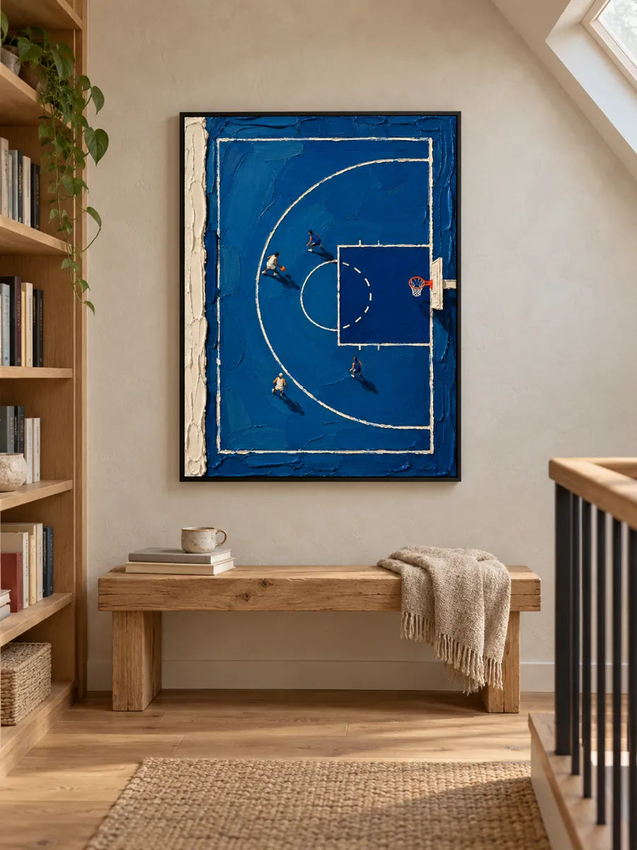 Hand-Painted Basketball Court Canvas Art With Heavy Impasto Texture In Blue And White