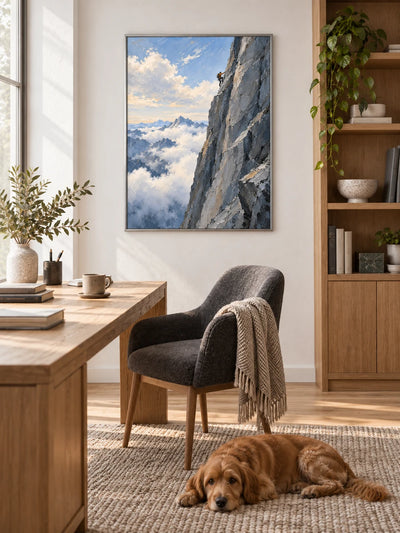 Hand-Painted Rock Climbing Canvas Art With Clouds And Mountains