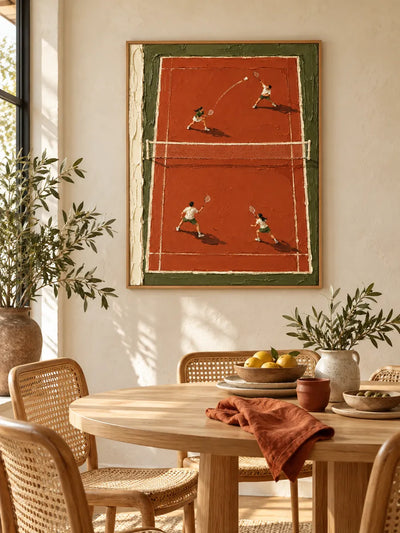 Badminton Match On Clay Court Hand-Painted Canvas Art With Impasto Texture