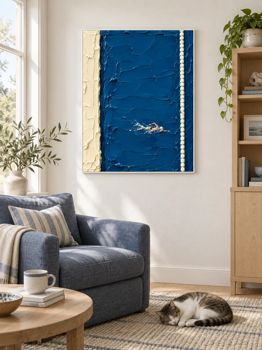 Hand-Painted Swimming Art With Heavy Impasto Texture On Blue Canvas