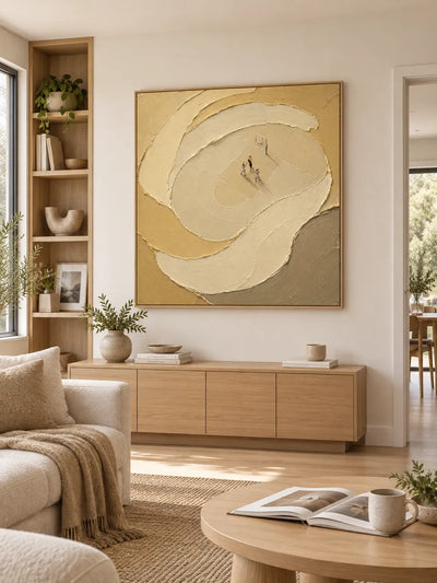 Basketball Themed Textured Canvas Painting In Beige And Gold Tones For Modern Sports Decor