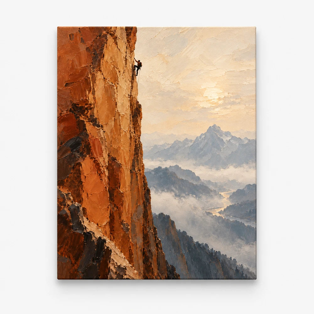 Hand-Painted Rock Climbing Canvas Art With Misty Mountains