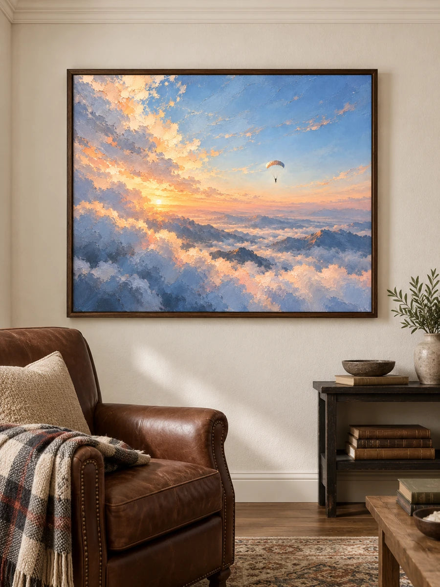 Paragliding Over Sunset Clouds Hand-Painted Canvas Art