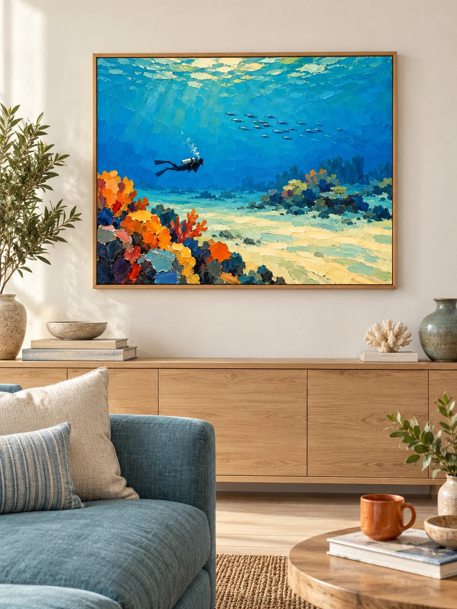 Hand-Painted Scuba Diver Canvas Art With Coral Reef And Fish School In Blue Ocean