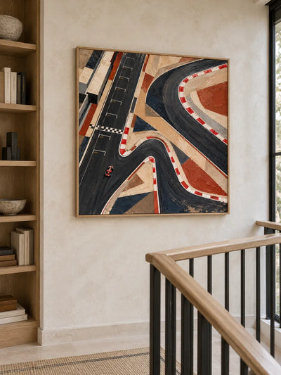 Hand-Painted F1 Racing Track Art With Red And Black Geometric Design