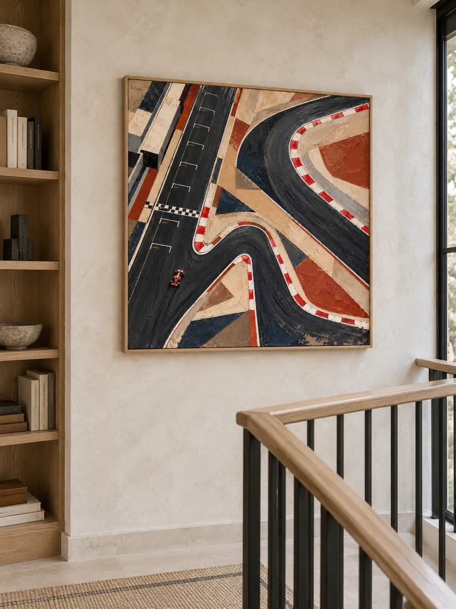 Hand-Painted F1 Racing Track Art With Red And Black Geometric Design