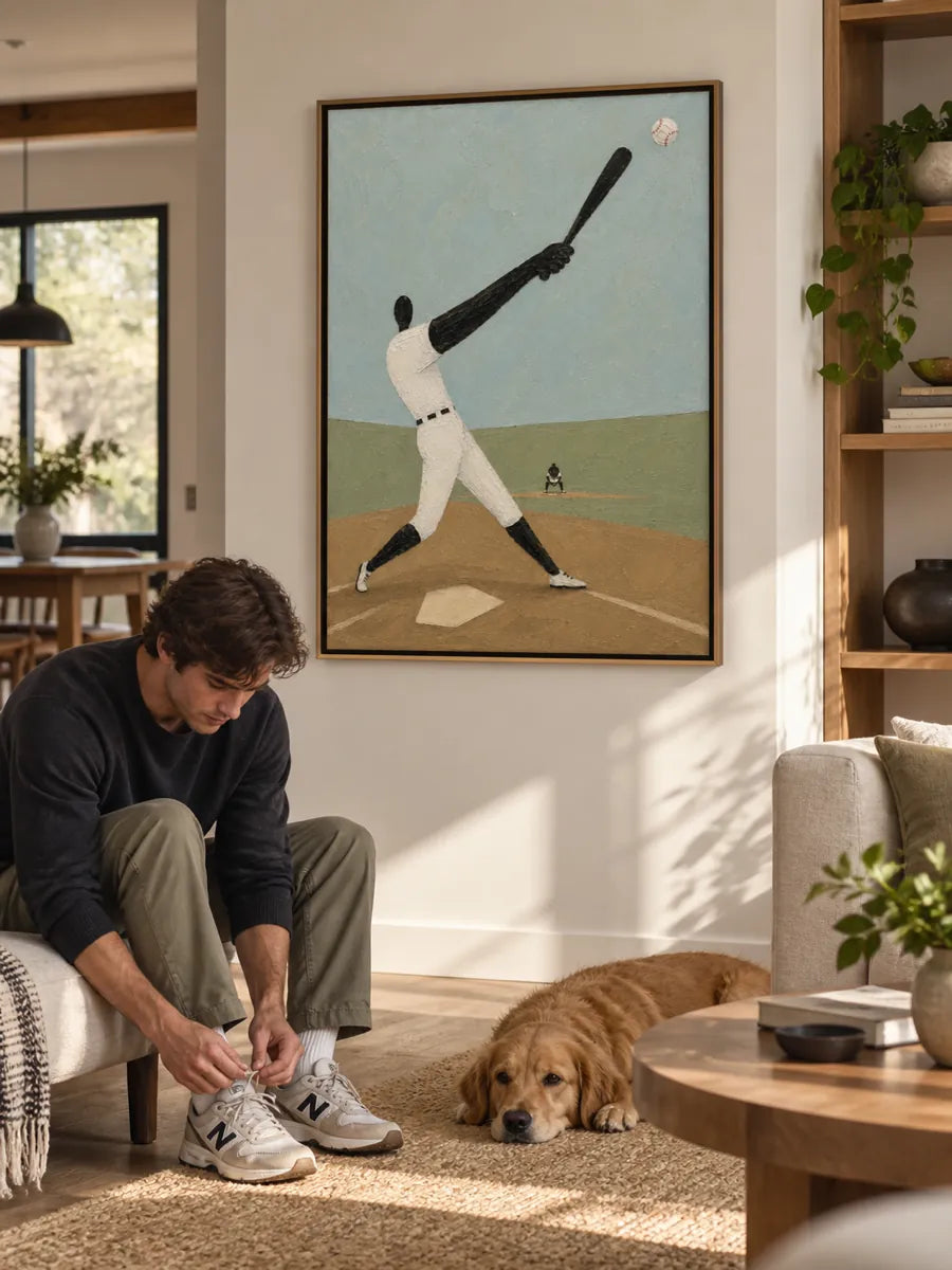 Hand-Painted Baseball Player Canvas Art With Elongated Limbs For Sports Fans