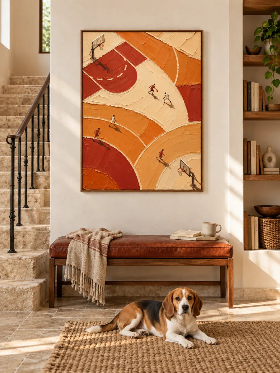 Hand-Painted Basketball Court Art With Impasto Texture In Orange