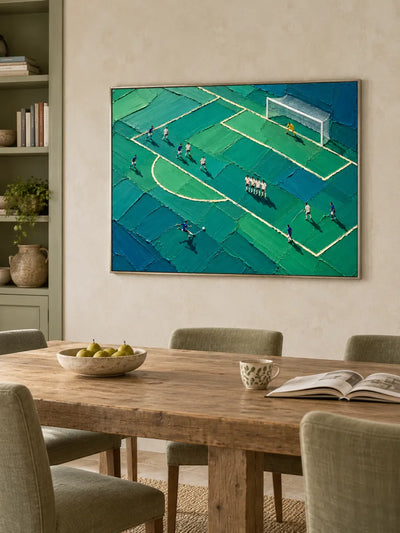 Hand-Painted Soccer Field Impasto Canvas Art With Green And Blue Tones