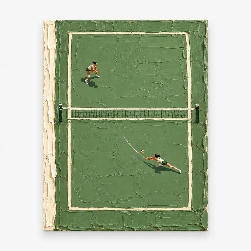 Hand-Painted Volleyball Court Art With Green Impasto Texture For Sports Fans