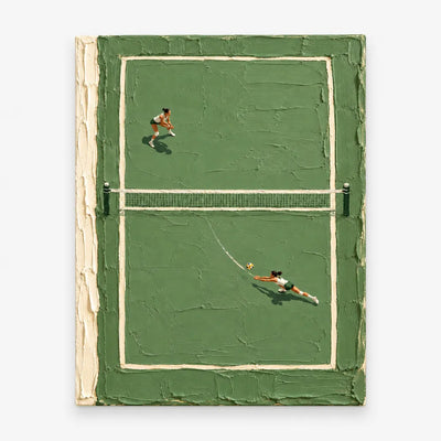 Hand-Painted Volleyball Court Art With Green Impasto Texture For Sports Fans